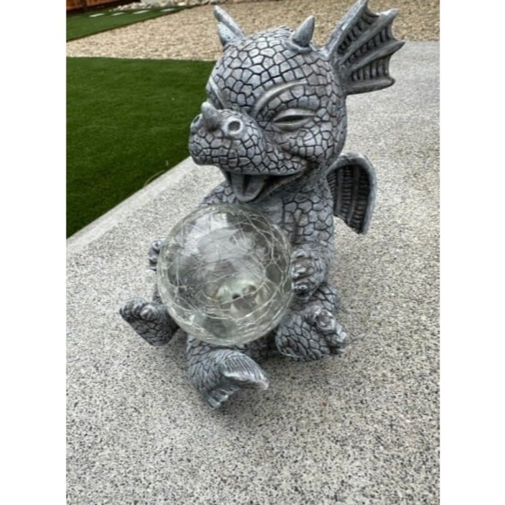 Garden Dragon Statues - Adorable Baby Resin Dragon Figurines Holding Magic Orb